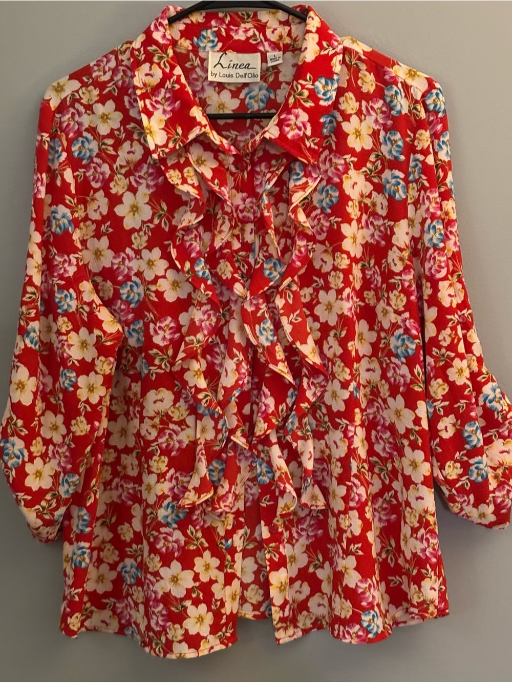 Linea by Louis Dell'Olio Top/Blouse Red Floral Pattern W/Front Ruffle